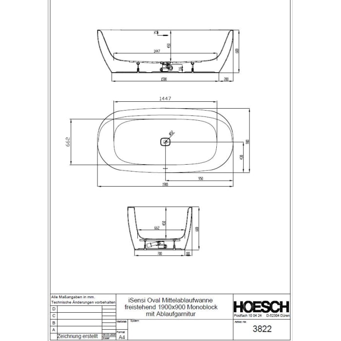 Hoesch iSENSI Ovalbadewanne 190 x 90 cm freistehend