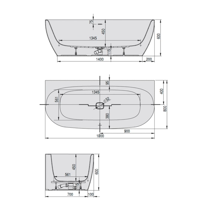 Hoesch iSENSI MONOLITH Vorwandwanne 180 x 80 cm, mit Überlaufbefüllung in weiß