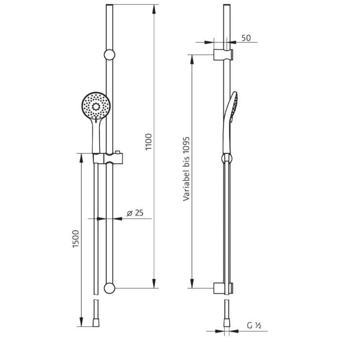 HSK Design-Handbrause rund, mit 3 Strahlarten, inkl. Brauseschlauch und Brausestange