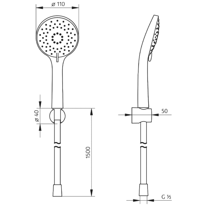 HSK Design-Handbrause rund, mit 3 Strahlarten, inkl. Brauseschlauch und Halterung
