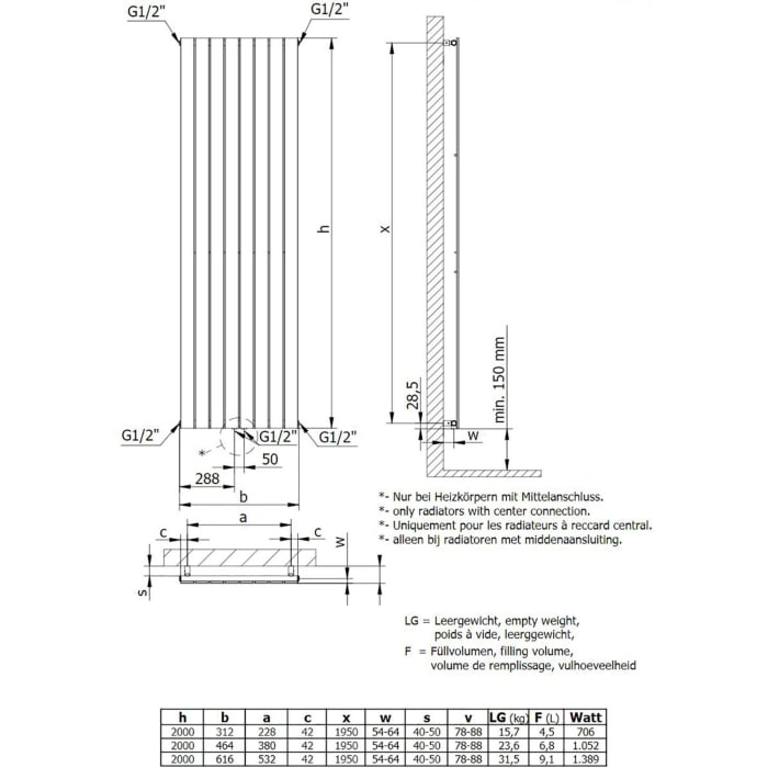 HSK Alto Badheizkörper 61,6 x 200 cm, Anschluss beidseitig unten
