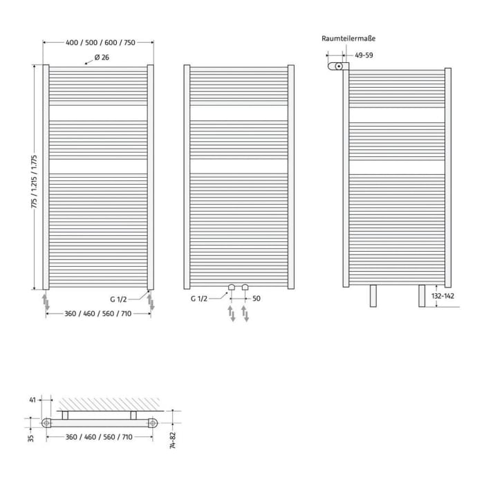 HSK Line Badheizkörper 40 x 177,5 cm, Anschluss links und rechts unten, Antikorrosionsschutzschicht