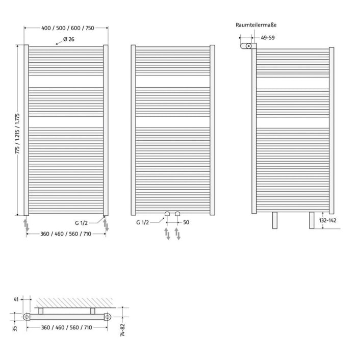 HSK Line Badheizkörper 75 x 121,5 cm, Anschluss links und rechts unten, Antikorrosionsschutzschicht