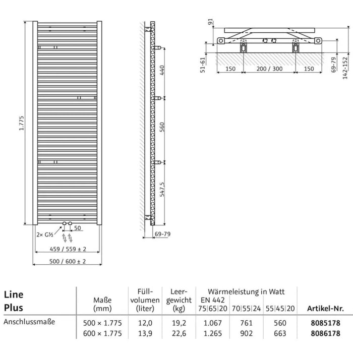HSK Line Plus Badheizkörper 50 x 177,5 cm, Anitkorrosionsschutzschicht