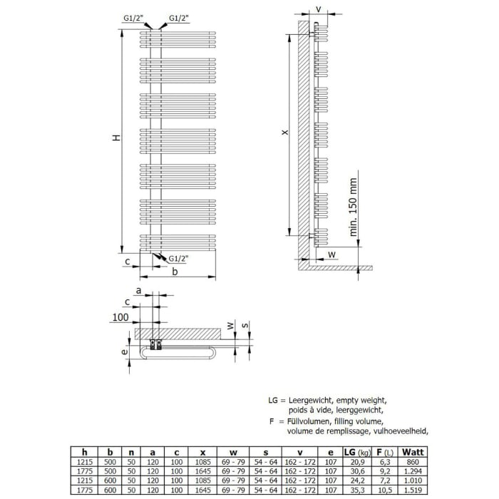 HSK Badheizkörper Premium 50 x 177,5 cm Mittelanschluss versetzt