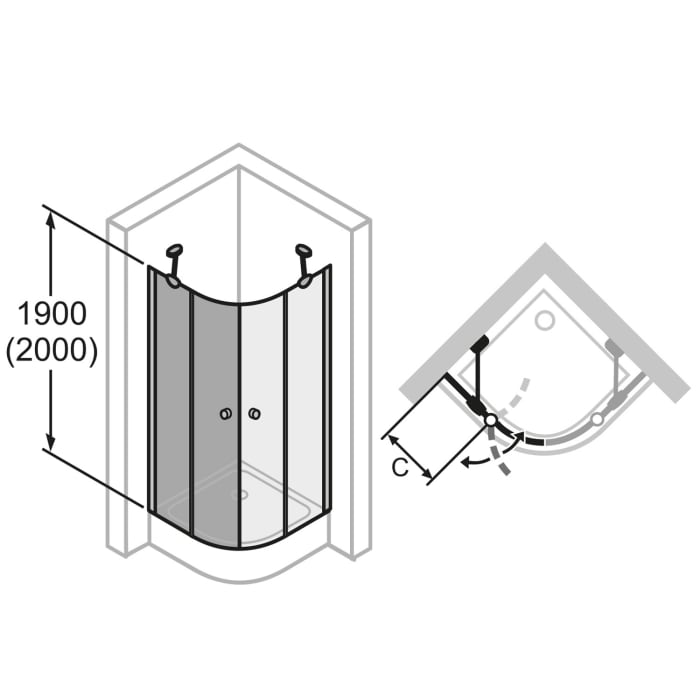 HÜPPE 501 Design pure 1/4 Kreis Schwingtür mit Festteil, 100 x 190 cm, Radius 50 cm, Glas mit Anti-Plaque