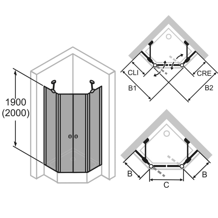 HÜPPE 501 Design pure 5-Eck Schwingtür 2-flüglig mit Festteilen 100 x 100 x 190 cm, Glas ohne Anti-Plaque