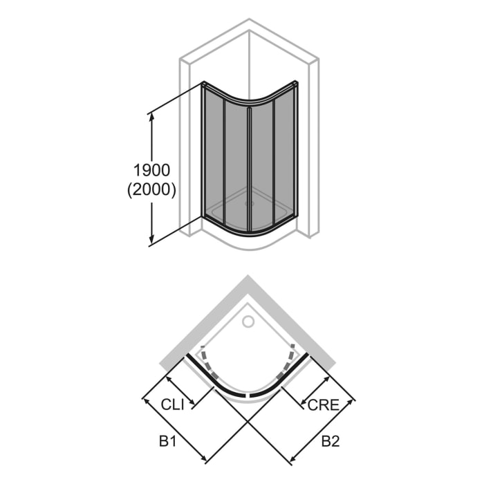 HÜPPE Alpha 2 vollgerahmt 1/4 Kreis Gleittür, 90 x 200 cm, Radius 50 cm, Glas mit Anti-Plaque