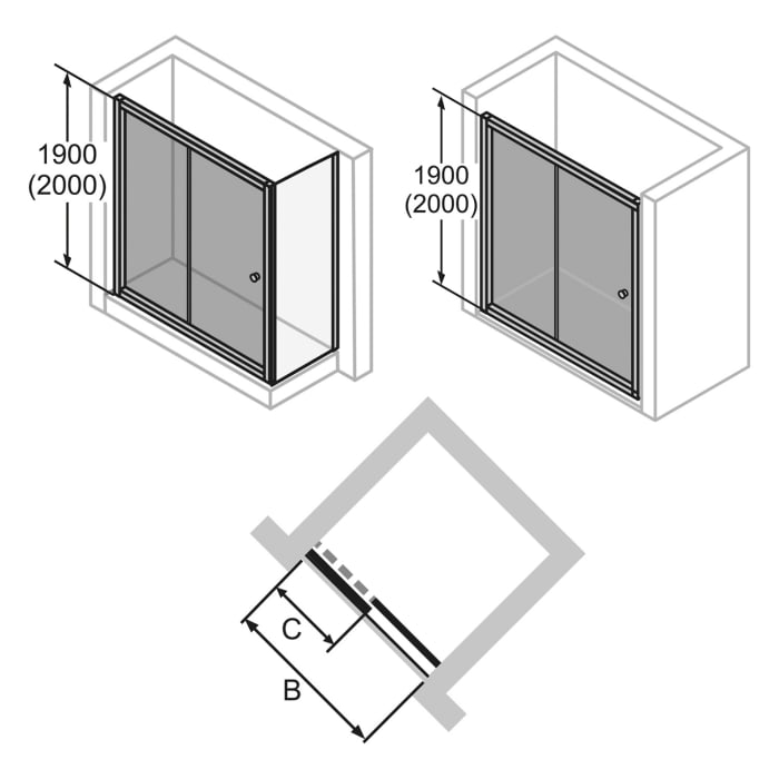HÜPPE Alpha 2 teilgerahmt 4-Eck Gleittür 1-teilig mit festem Segment, 170 x 200 cm, Glas mit Anti-Plaque