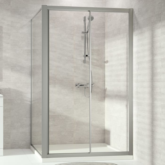 HÜPPE Alpha 2 vollgerahmt 4-Eck Gleittür 1-teilig mit festem Segment, 100 x 200 cm, Glas mit Anti-Plaque