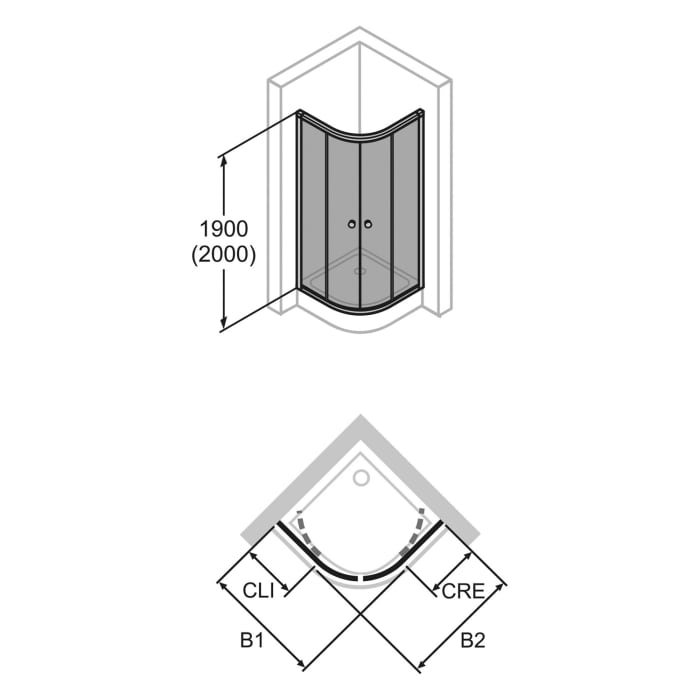 HÜPPE Alpha 2 teilgerahmt 1/4 Kreis Gleittür, 90 x 190 cm, Radius 50 cm, Glas mit Anti-Plaque