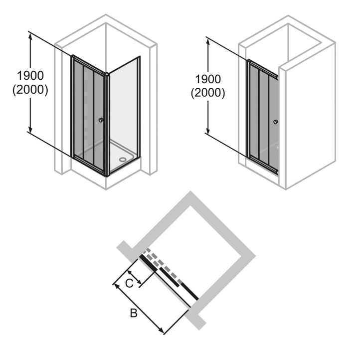HÜPPE Alpha 2 teilgerahmt 4-Eck Gleittür 2-teilig mit festem Segment, 120 x 200 cm, Glas ohne Anti-Plaque