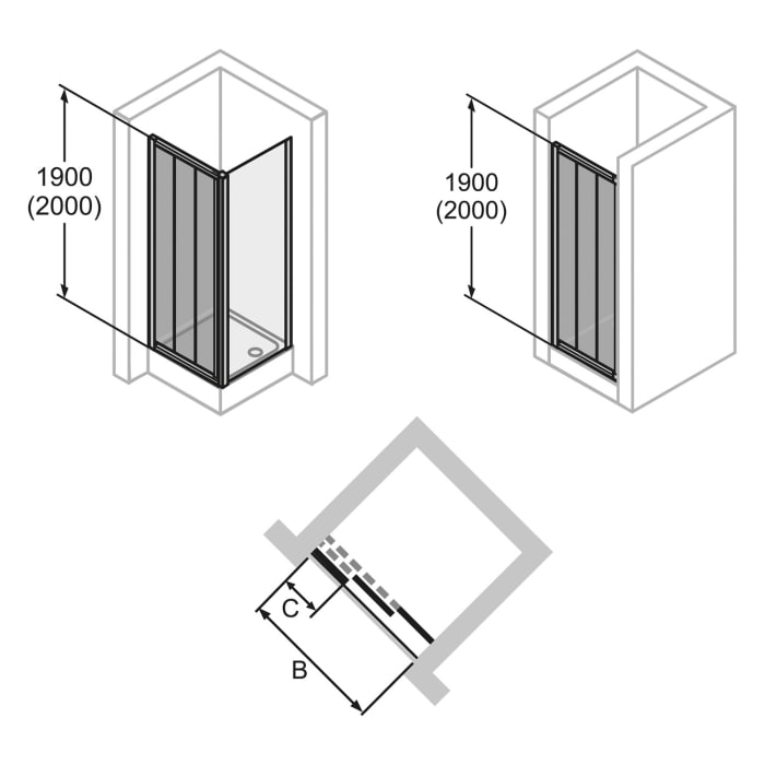 HÜPPE Alpha 2 vollgerahmt 4-Eck Gleittür 2-teilig mit festem Segment, 80 x 200 cm, Glas ohne Anti-Plaque
