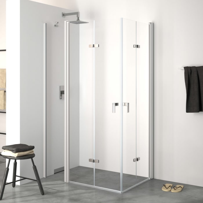 HÜPPE Design pure 4-Eck Schwingfalttür mit festem Segment 140 x 200 cm, Linksbefestigung, Glas ohne Anti-Plaque