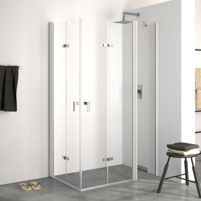HÜPPE Design pure 4-Eck Schwingfalttür mit festem Segment 170 x 200 cm, Rechtsbefestigung, Glas mit Anti-Plaque