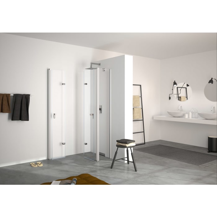 HÜPPE Design pure 4-Eck Schwingfalttür mit festem Segment 140 x 200 cm, Rechtsbefestigung, Glas ohne Anti-Plaque