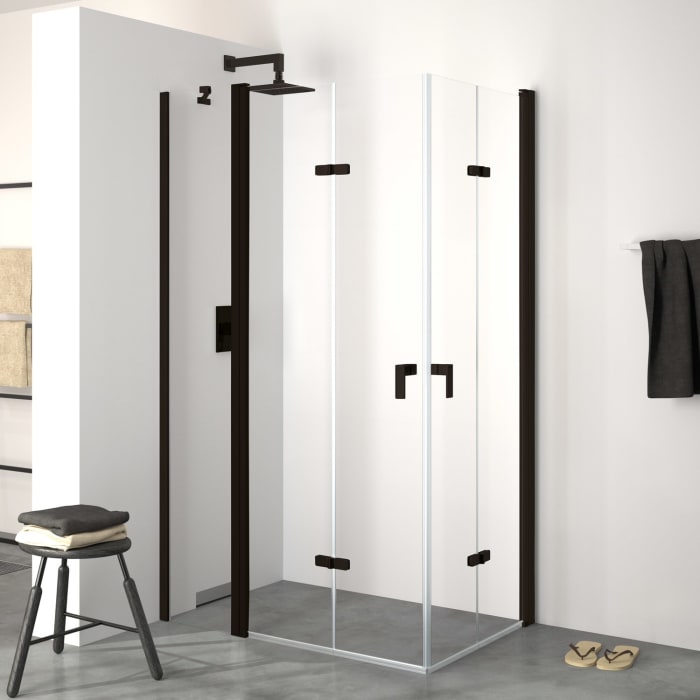 HÜPPE Design pure 4-Eck Schwingfalttür mit festem Segment 140 x 200 cm, Linksbefestigung, Glas ohne Anti-Plaque