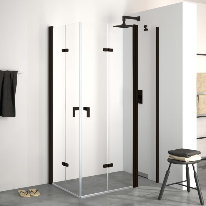 HÜPPE Design pure 4-Eck Schwingfalttür mit festem Segment 120 x 190 cm, Rechtsbefestigung, Glas ohne Anti-Plaque