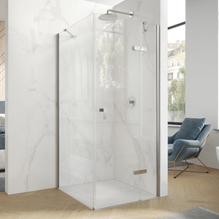 HÜPPE Design pure 4-Eck Schwingtür mit Beschlag und festen Segment B: 120 H: 197 cm, Rechtsbefestigung, Glas mit Anti-Plaque