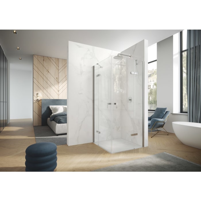 HÜPPE Design pure 4-Eck Schwingtür mit Beschlag und festen Segment B: 120 H: 197 cm, Linksbefestigung, Glas mit Anti-Plaque