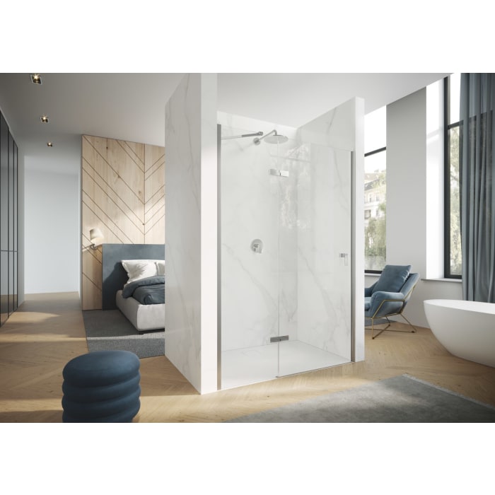 HÜPPE Design pure 4-Eck Schwingtür mit Beschlag und festen Segment B: 100 H: 197 cm, Linksbefestigung, Glas mit Anti-Plaque