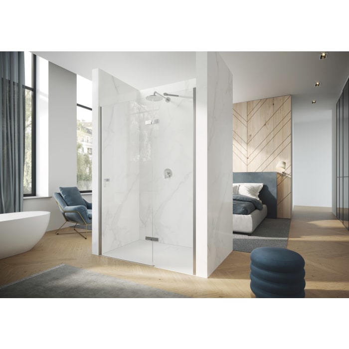 HÜPPE Design pure 4-Eck Schwingtür mit Beschlag und festen Segment B: 90 H: 197 cm, Rechtsbefestigung, Glas mit Anti-Plaque