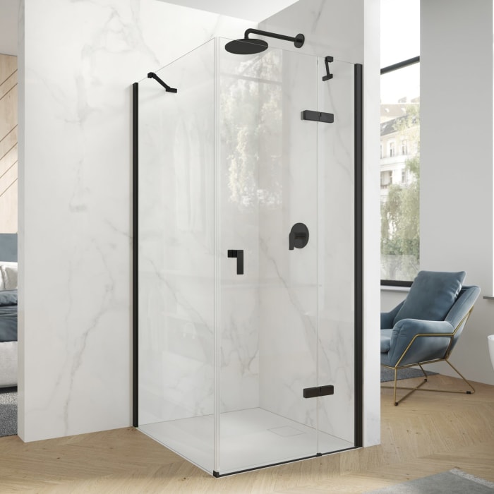 HÜPPE Design pure 4-Eck Schwingtür mit Beschlag und festen Segment B: 100 H: 197 cm, Rechtsbefestigung, Glas ohne Anti-Plaque