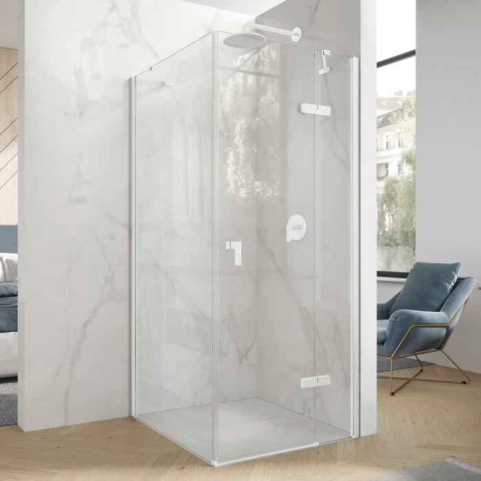 HÜPPE Design pure 4-Eck Schwingtür mit Beschlag und festen Segment B: 70-155 H: 120-200 cm, Rechtsbefestigung, Glas ohne Anti-Plaque