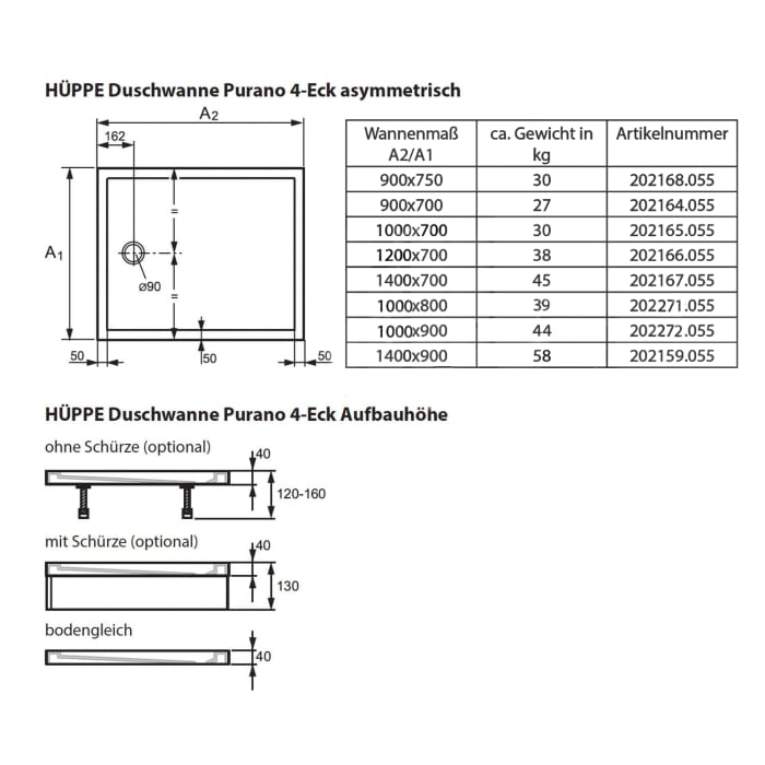 HÜPPE Purano 4-Eck Duschwanne 100 x 80 cm