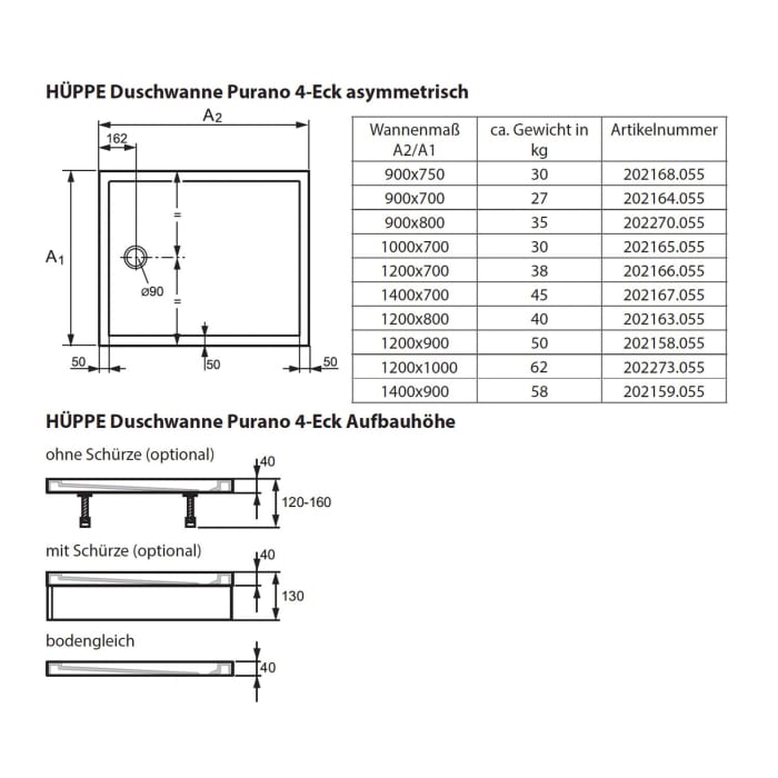 HÜPPE Purano 4-Eck Duschwanne 90 x 75 cm