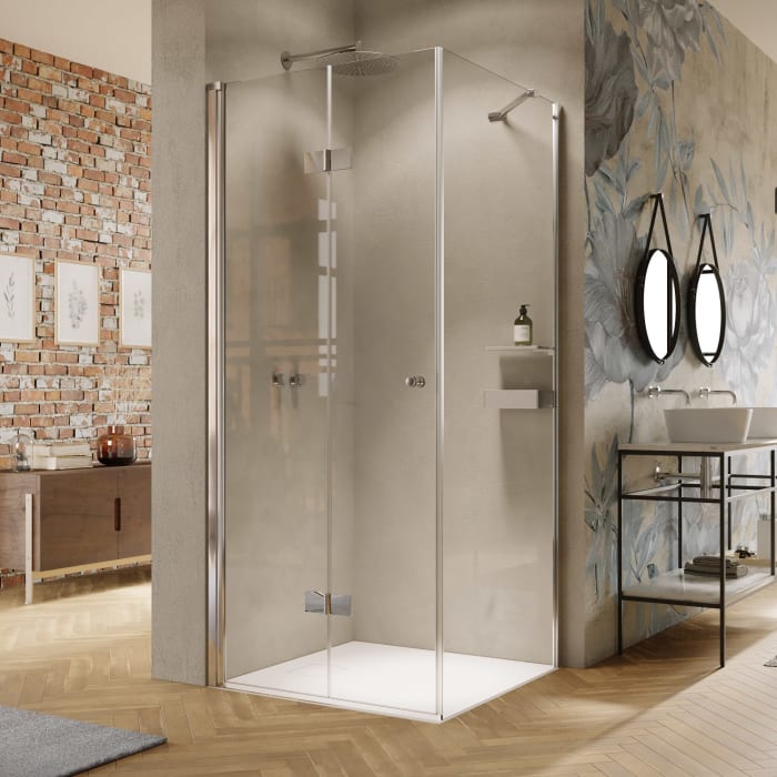 HÜPPE Solva teilgerahmt 4-Eck Schwingfalttür 100 x 200 cm, Glas mit Anti-Plaque, Linksbefestigung