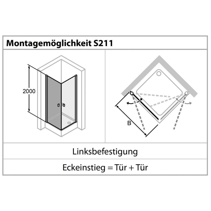 HÜPPE Solva teilgerahmt 4-Eck Schwingtür 50-110 x 120-200 cm, Glas ohne Anti-Plaque, Linksbefestigung