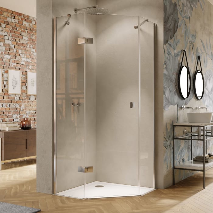 HÜPPE Solva teilgerahmt 5-Eck Schwingtür 1-flüglig links mit 2x Festteil 70-123/70-123 x 120-200 cm, Glas ohne Anti-Plaque