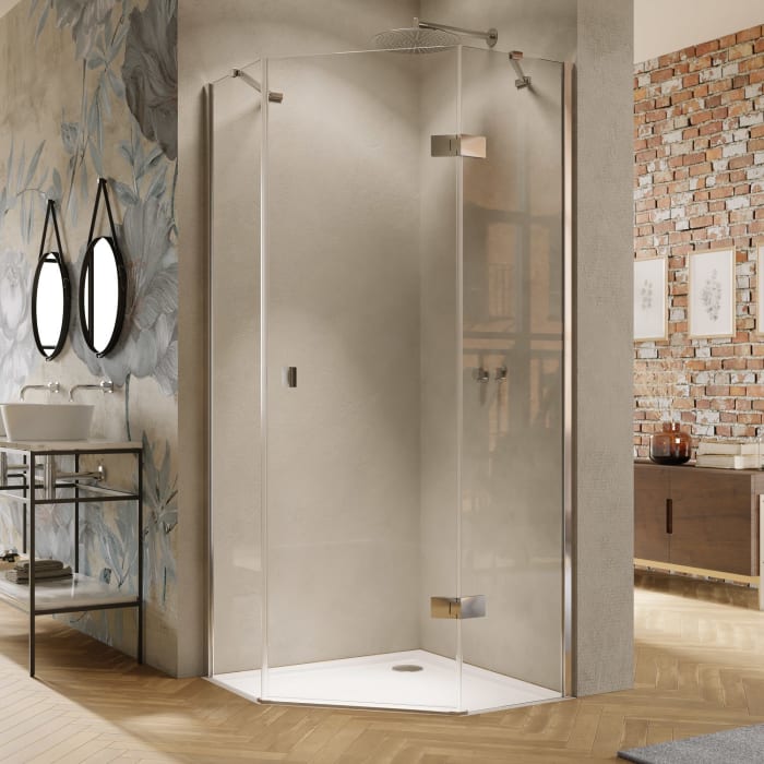 HÜPPE Solva teilgerahmt 5-Eck Schwingtür 1-flüglig rechts mit 2x Festteil 90/90 x 200 cm, Glas mit Anti-Plaque