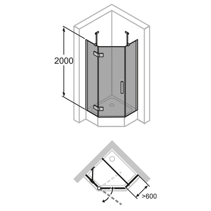 HÜPPE Solva teilgerahmt 5-Eck Schwingtür 1-flüglig links mit 2x Festteil 90/90 x 200 cm, Glas mit Anti-Plaque