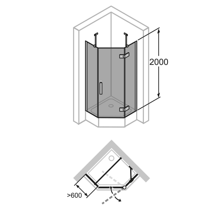HÜPPE Solva teilgerahmt 5-Eck Schwingtür 1-flüglig rechts mit 2x Festteil 70-123/70-123 x 200,1-220 cm, Glas mit Anti-Plaque