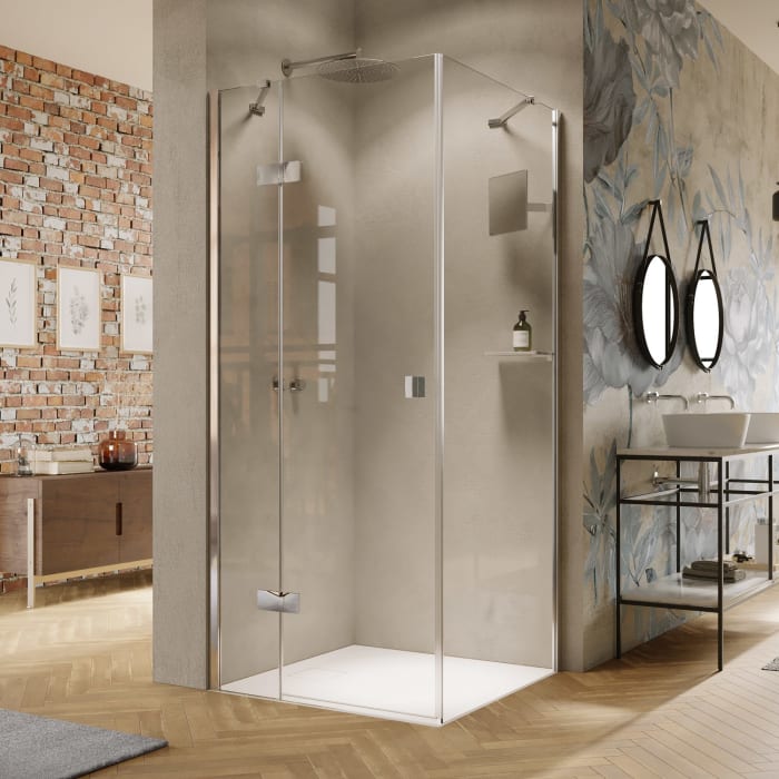 HÜPPE Solva teilgerahmt 4-Eck Schwingtür mit festem Segment 100 x 200 cm, Glas mit Anti-Plaque, Linksbefestigung