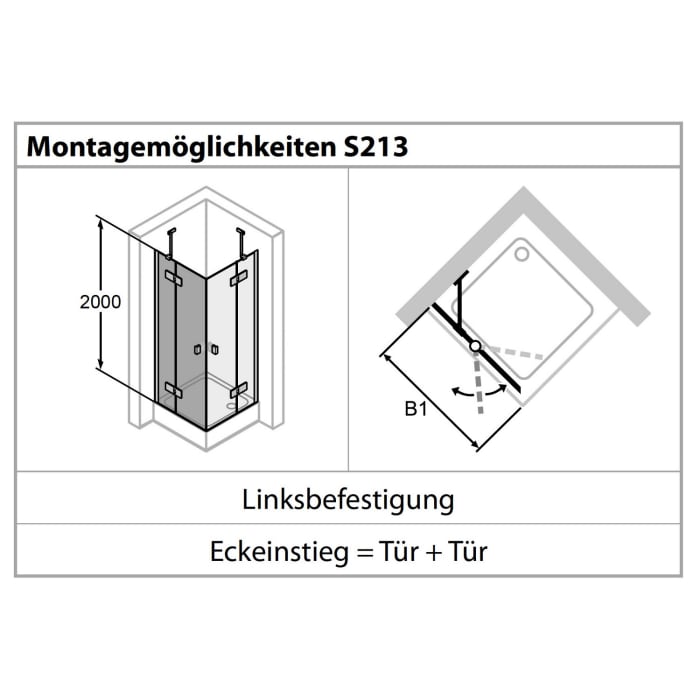 HÜPPE Solva teilgerahmt 4-Eck Schwingtür mit Festteil 70-150 x 200,1-220 cm, Glas mit Anti-Plaque, Linksbefestigung