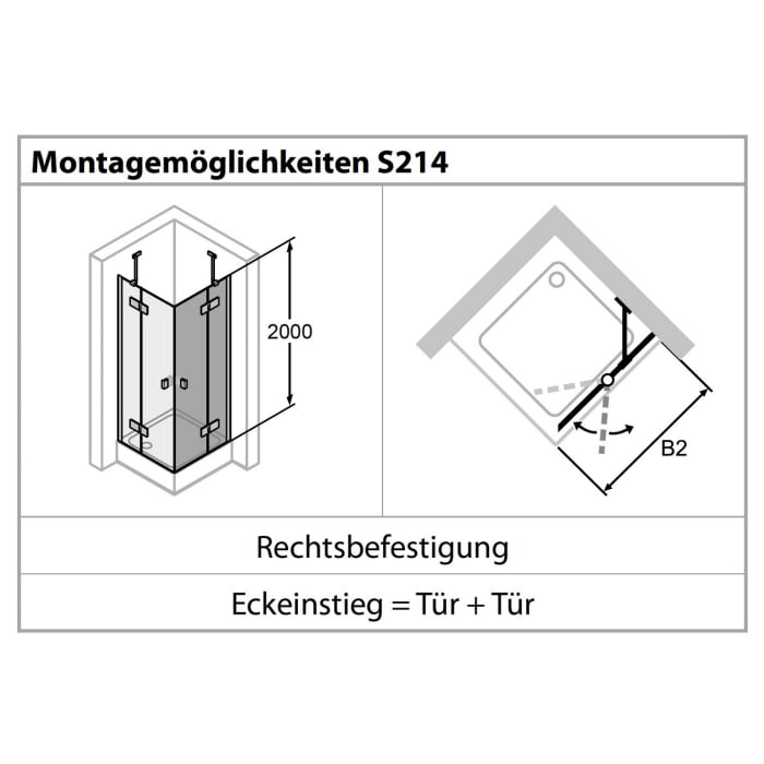 HÜPPE Solva teilgerahmt 4-Eck Schwingtür mit Festteil 70-150 x 200,1-220 cm, Glas ohne Anti-Plaque, Rechtsbefestigung