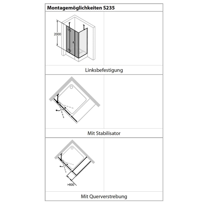 HÜPPE Solva teilgerahmt 4-Eck Schwingtür mit links und rechts Festteil 120 x 200 cm, Glas ohne Anti-Plaque, Linksbefestigung