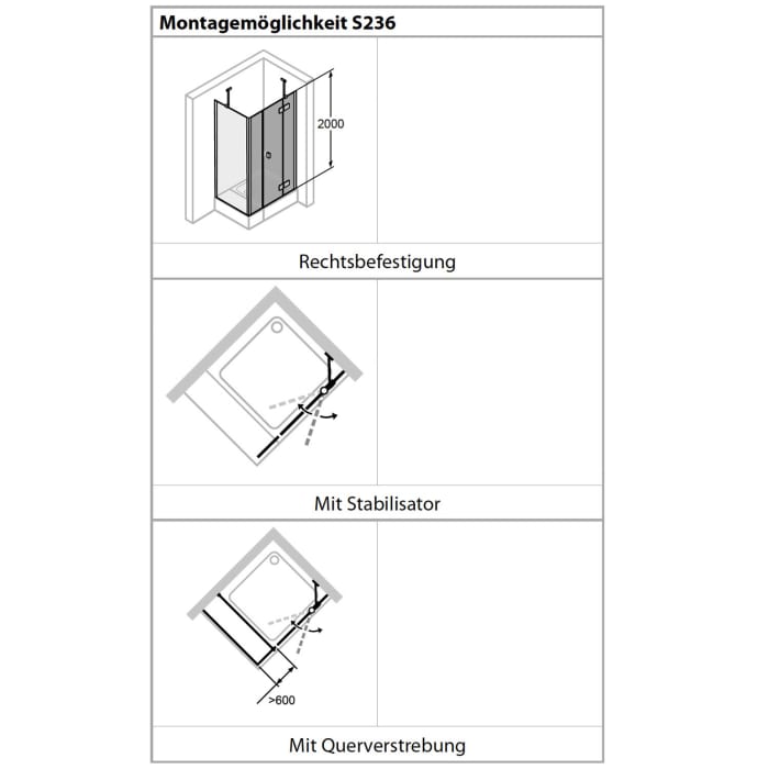HÜPPE Solva teilgerahmt 4-Eck Schwingtür mit links und rechts Festteil 110-150 x 200,1-220 cm, Glas ohne Anti-Plaque, Rechtsbefestigung
