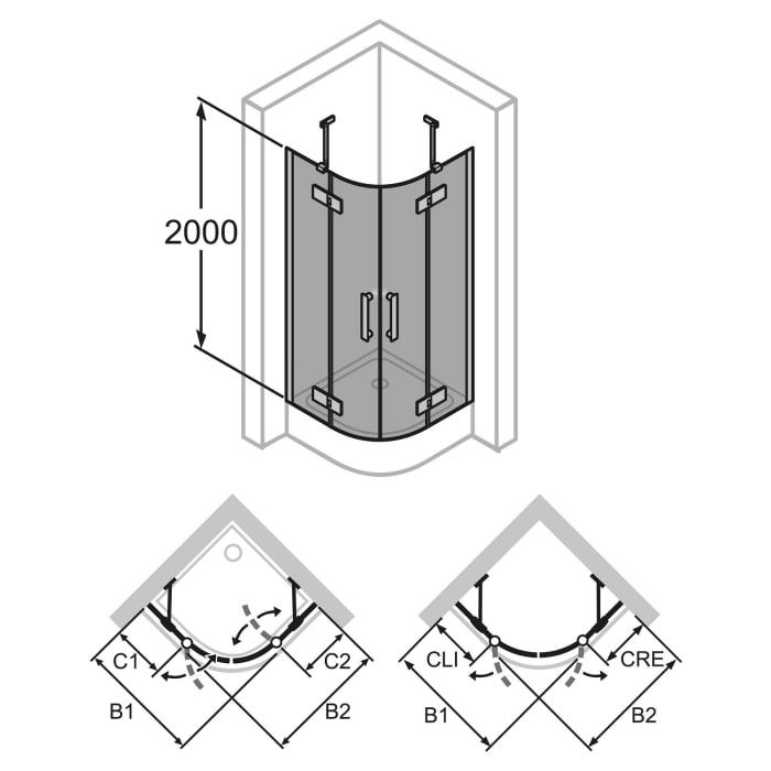 HÜPPE Solva teilgerahmt 1/4 Kreis Schwingtür mit Festteilen 2-flüglig 90/90 x 200 cm, Radius 55 cm, Glas ohne Anti-Plaque