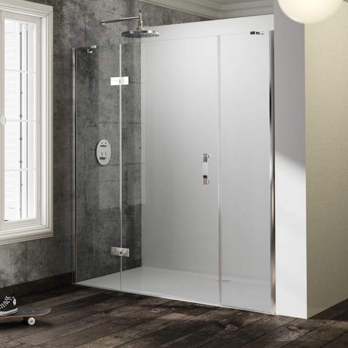 HÜPPE Solva teilgerahmt 4-Eck Schwingtür mit links und rechts Festteil 150,1-330 x 120-200 cm, Glas mit Anti-Plaque, Linksbefestigung