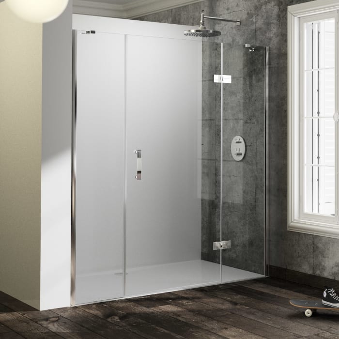 HÜPPE Solva teilgerahmt 4-Eck Schwingtür mit links und rechts Festteil 180 x 200 cm, Glas mit Anti-Plaque, Rechtsbefestigung