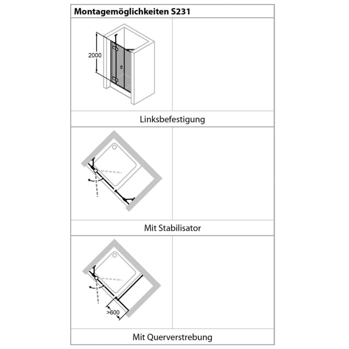 HÜPPE Solva teilgerahmt 4-Eck Schwingtür mit links und rechts Festteil 110-150 x 200,1-220 cm, Glas ohne Anti-Plaque, Linksbefestigung