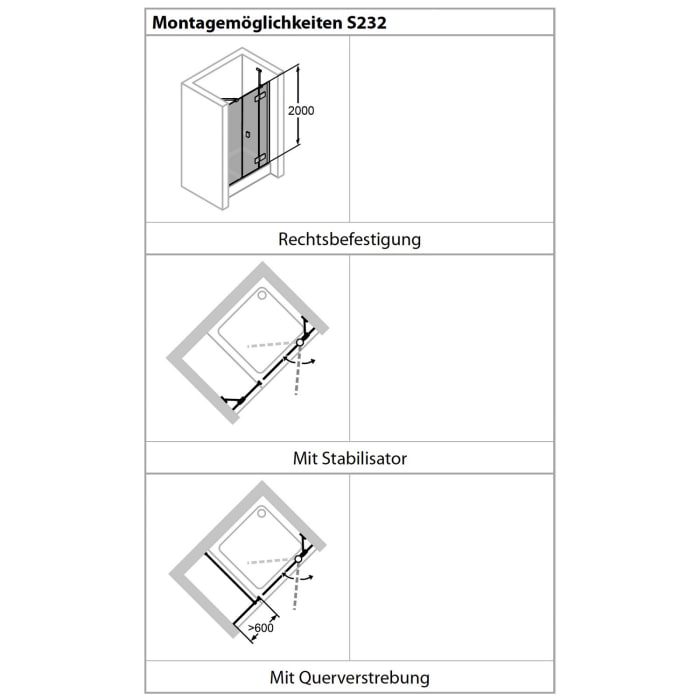 HÜPPE Solva teilgerahmt 4-Eck Schwingtür mit links und rechts Festteil 120 x 200 cm, Glas mit Anti-Plaque, Rechtsbefestigung