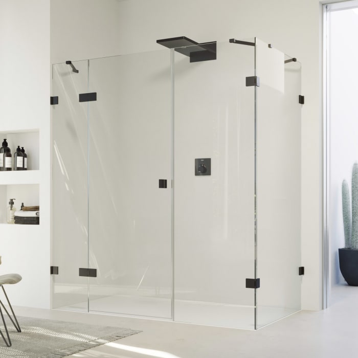 HÜPPE SolvaPro Schwingtür mit festem Segment mit Nebenteil und Seitenwand 120,1-330 x 200,1-220 cm, mit Anti-Plaque