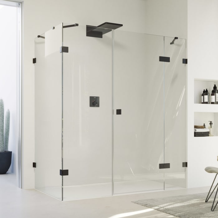 HÜPPE SolvaPro Schwingtür mit festem Segment mit Nebenteil und Seitenwand 90-120 x 200,1-220 cm, mit Anti-Plaque