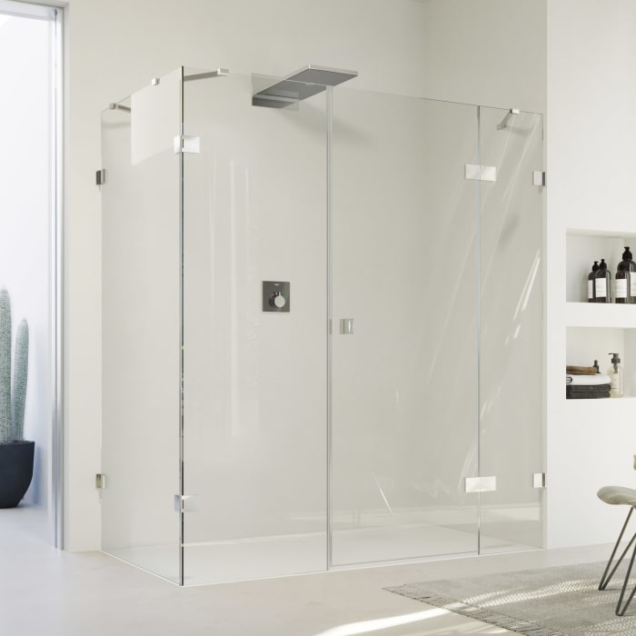 HÜPPE SolvaPro Schwingtür mit festem Segment mit Nebenteil und Seitenwand 120,1-330 x 200,1-220 cm, mit Anti-Plaque