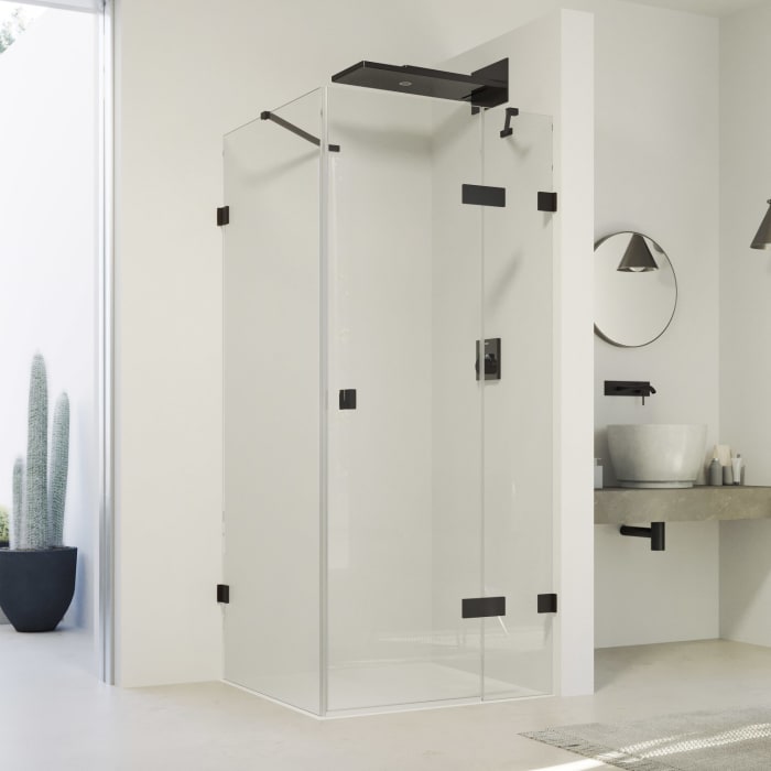 HÜPPE SolvaPro Schwingtür mit festem Segment und Seitenwand 120,1-150 x 200,1-220 cm, mit Anti-Plaque